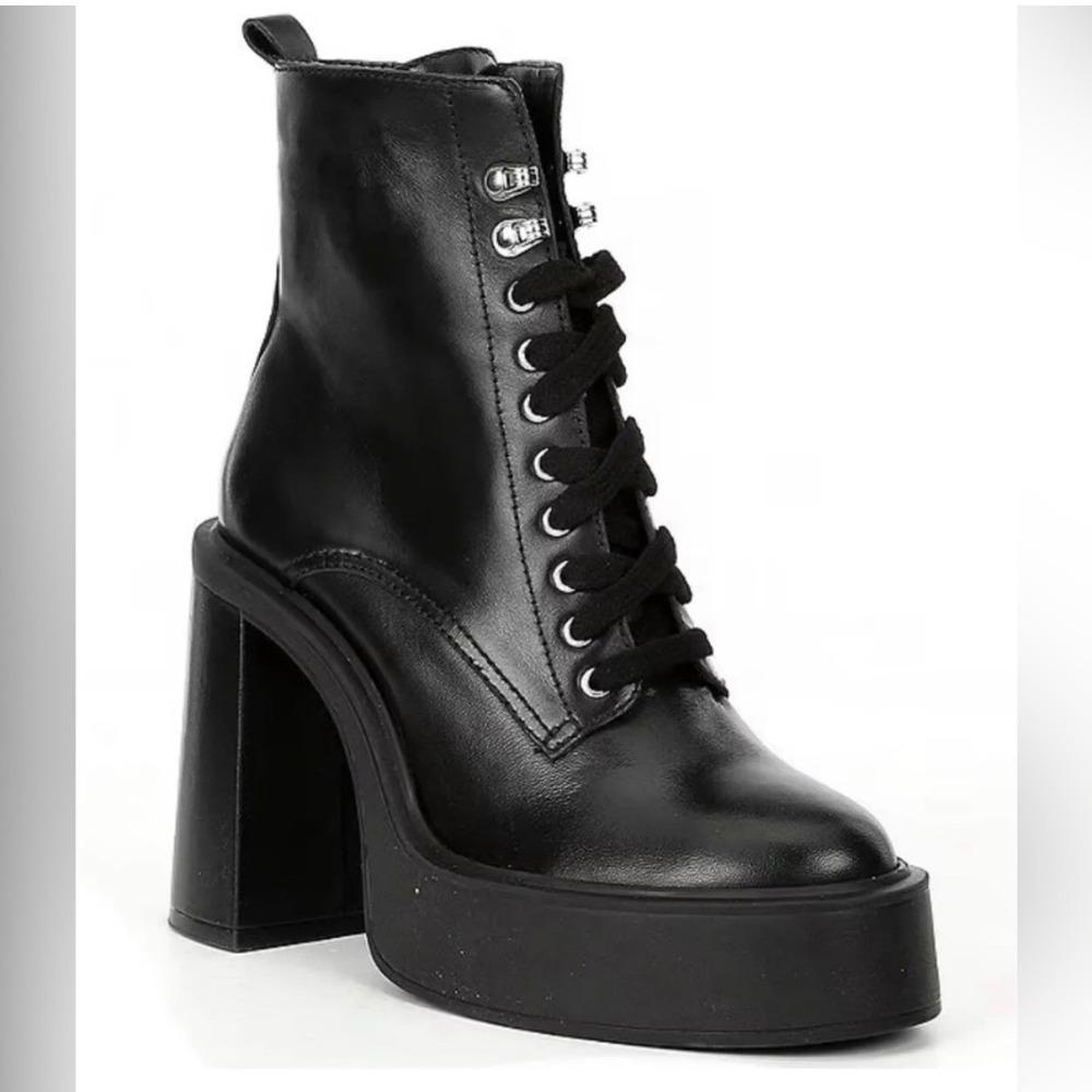 Gianni Bini Black Suzie Leather Chunky Platform Lace Up Lug Bootie Boots 9.5